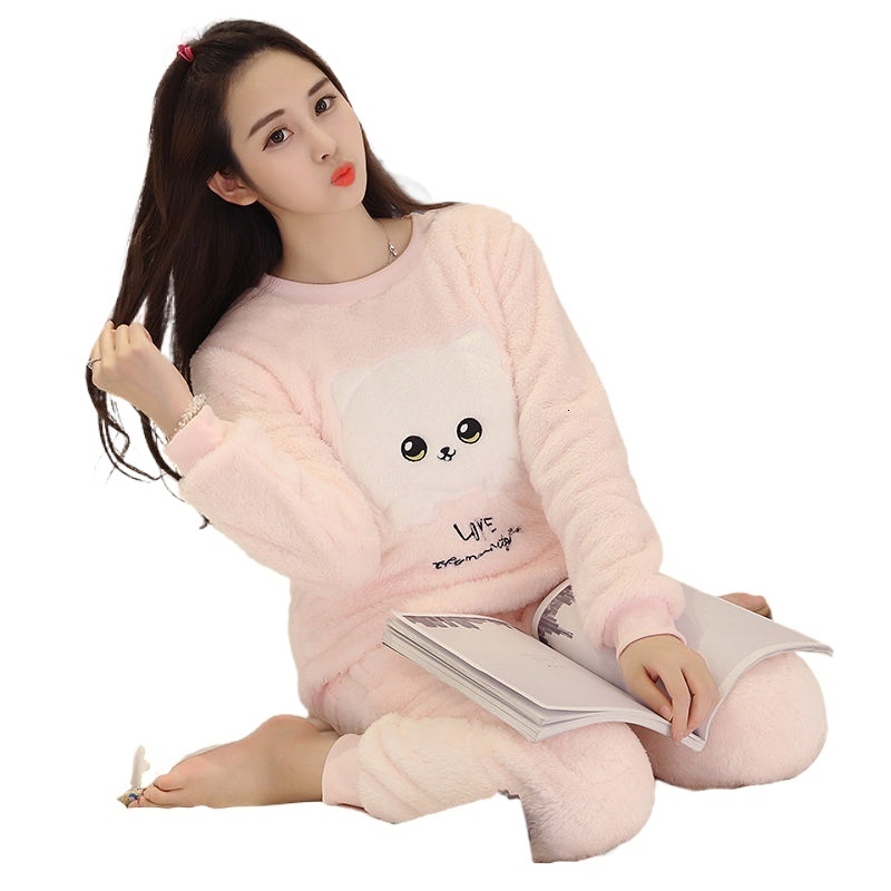 Women's Sleepwear Autumn Winter Warm Flannel Women Pyjamas Sets Thick Coral Velvet Long Sleeve Cartoon Sleepwear Flannel Pajamas Set Girl 230321