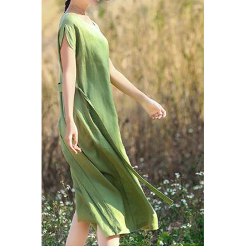 Casual Dresses Summer Square Collor Solid Cotton Linen Simple Loose Casual Bandage Waist Midi Dress Ladies Green Comfortable Elegant Robe 230321
