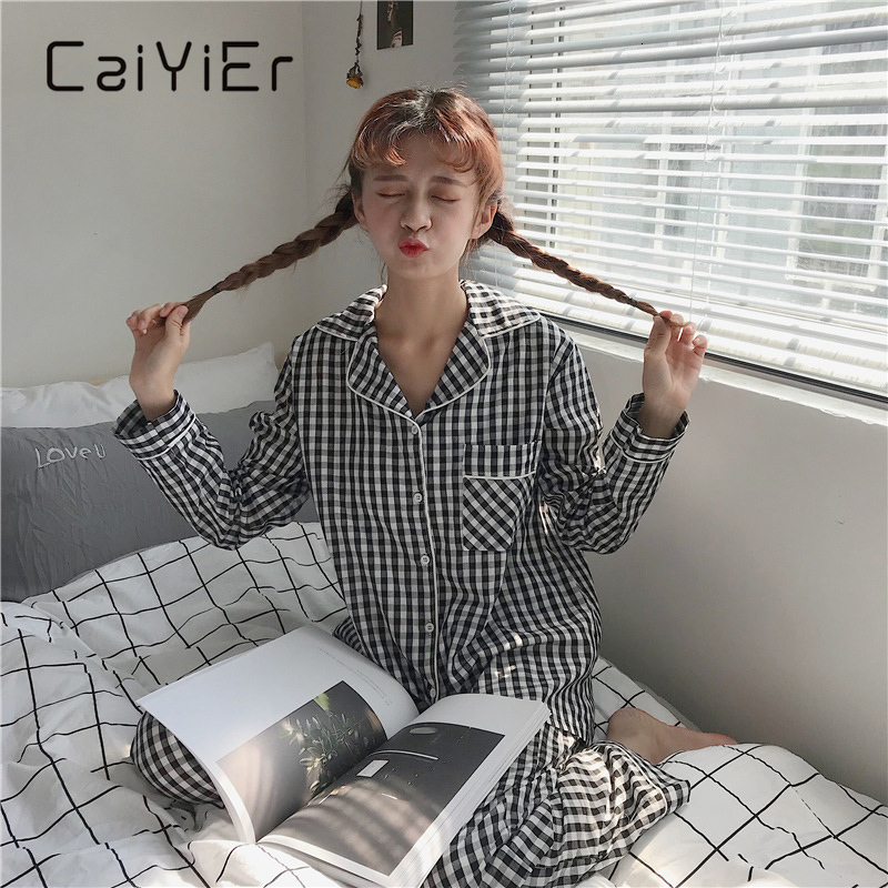 Women's Sleepwear CAIYIER Cute Grid Girls Pajamas Set Korean Autumn Winter Long Sleeve Leisure Sleepwear Women Loose Nightwear Homewear Suit 2303