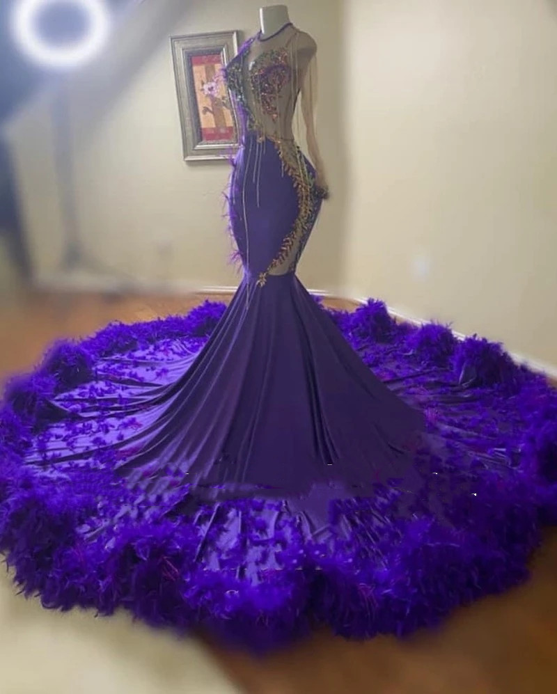Purple Feathers Mermaid Prom Dresses Long Sleeve Sequin Applique Tassel Party Gowns Graduation Dress For Black Girls 322