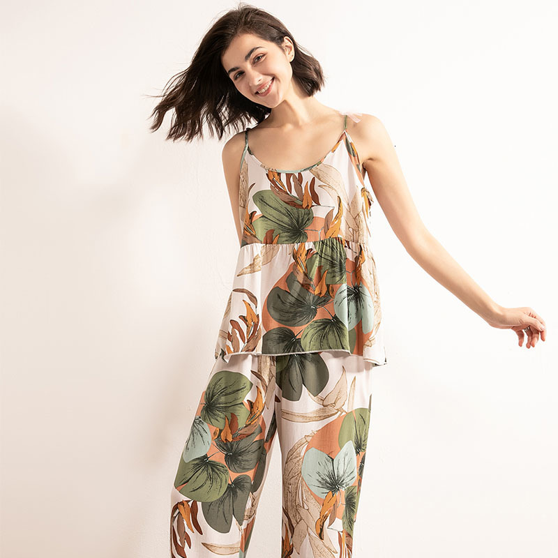 Women's Sleepwear SPRING FALL Ladies Pajamas Set Cartoon Banana Leaves Printed Women Comfort Loose Homewear Large Size Femme Sleepwaear 230321