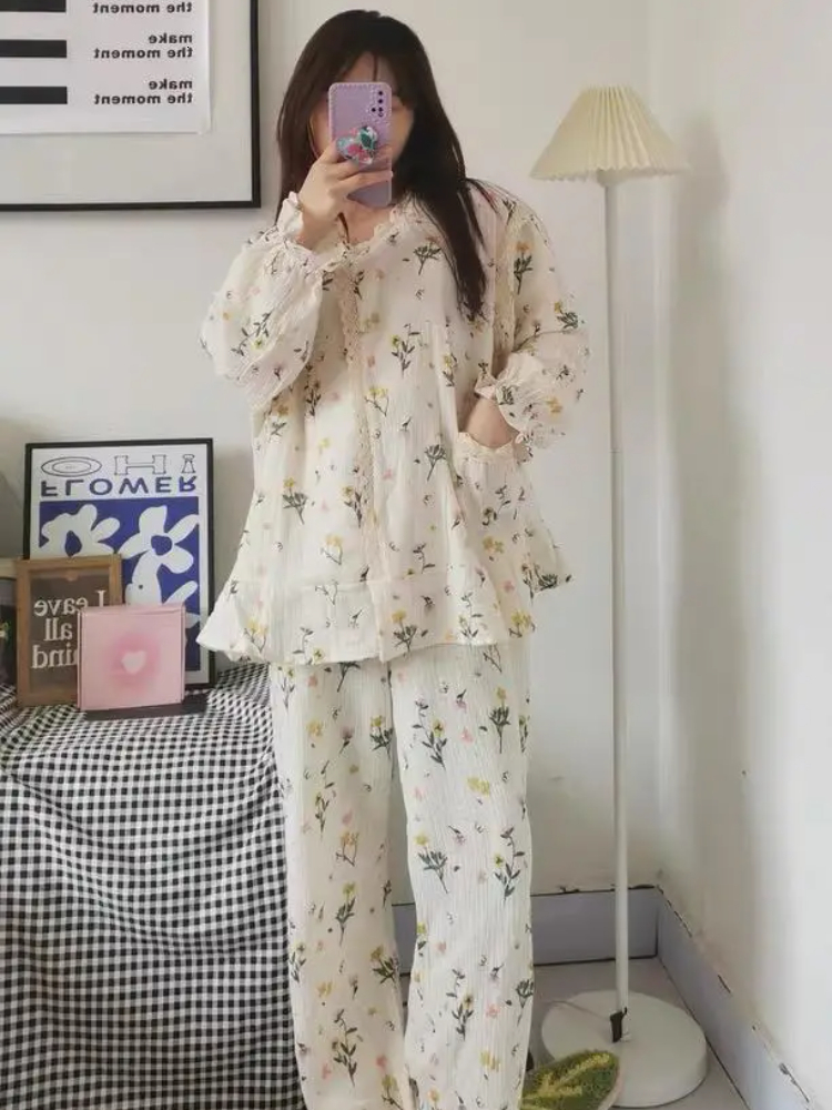 Women's Sleepwear Pajama Sets Women Print Student Breathable Casual Korean Style O-neck Sleepwear Basic Loose Ins Homewear Tender Simple 230321