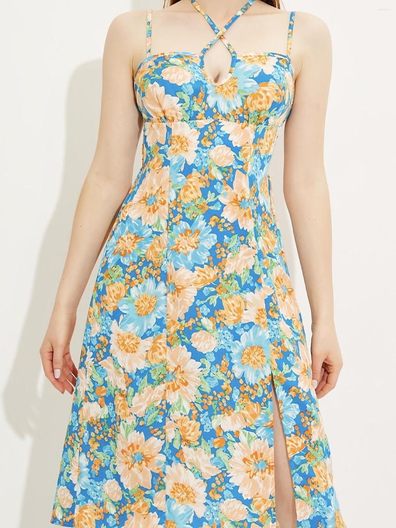 Casual Dresses Suspender Slit Split Elegant Ditsy Floral Print Dress Slim Temperament Mid-Length Women's Clothing