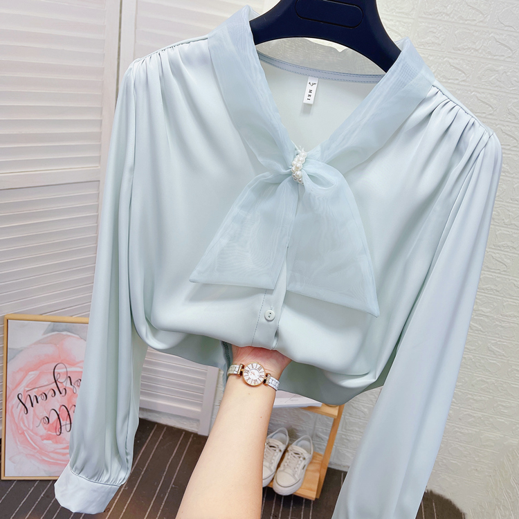 Womens blouse organza bow patched v-neck satin fabric shirt SML