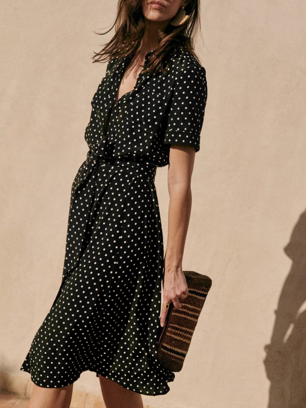 Casual Dresses Rowling Mirror Dot Black Belt Midi Dress Women Turndown Collar Casual Retro Vacation Beach Dress 230321