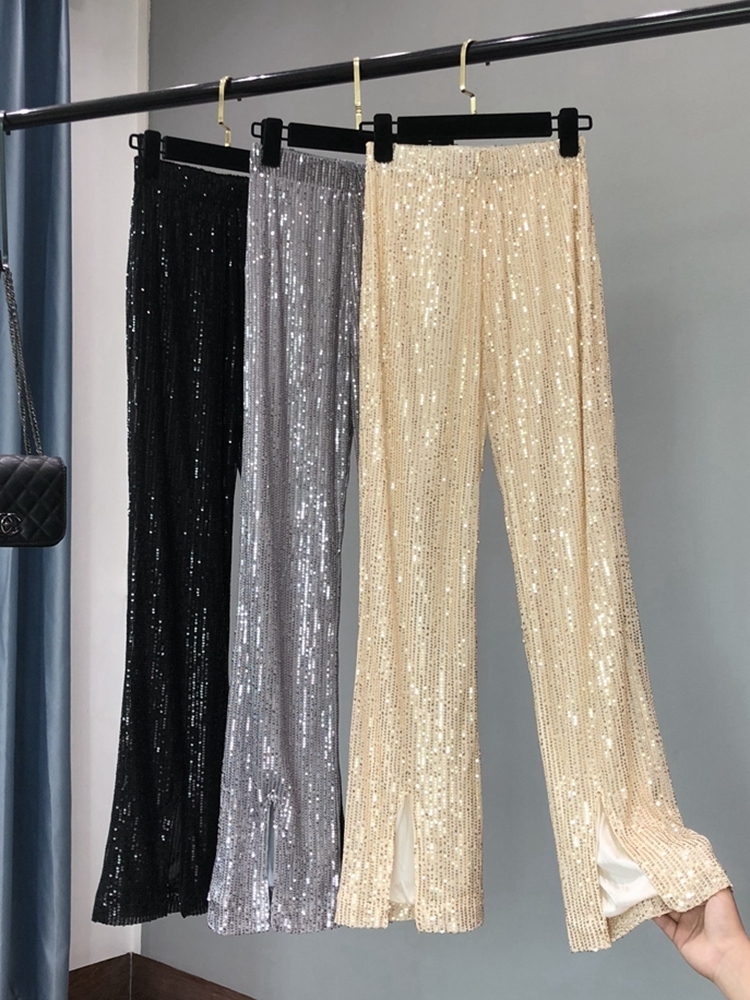 Women's Pants Capris The Women's Fashion Shining White Trousers Show Tall Waist Sequins Flares Pants 230321