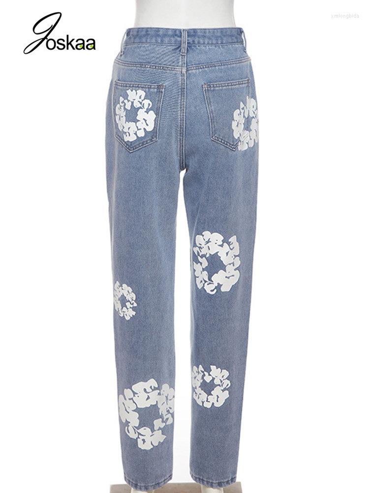 Women's Jeans Joskaa Flower Print Blue For Women Clothing Autumn 2023 Casual High Waist Straight Denim Pants Female Bottoms Streetwear