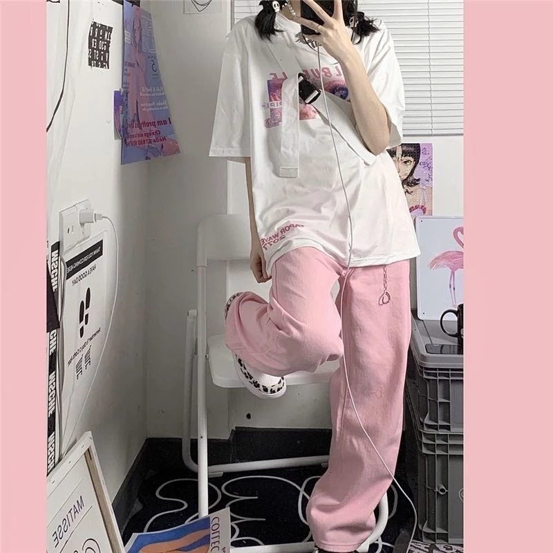 Women's Capris Y2K Baggy Pink Jeans Women Kawaii Korean Fashion Oversize Low Rise Wide Leg Denim Pants Streetwear Loose Trousers Alt 230321 Z2603