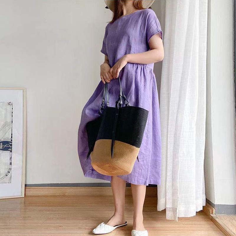 Casual Dresses Korean Fashion Women Short Sleeve Dresses Solid Simple M-4XL Retro Cotton and Linen Breathable Leisure Loose Mid-calf Vestidos 230321