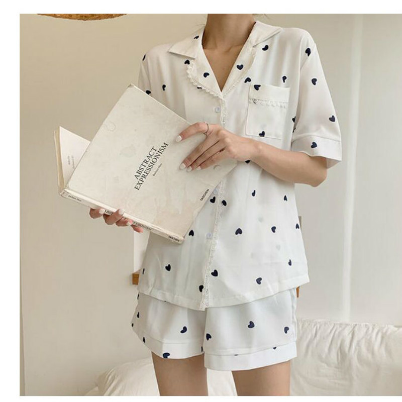 Women's Sleepwear QWEEK Pajamas for Women Home Clothes Pijamas Ladies Heart Print Nightie Lounge Wear Sexy Sleepwear Two Piece Set Pyjamas Summer