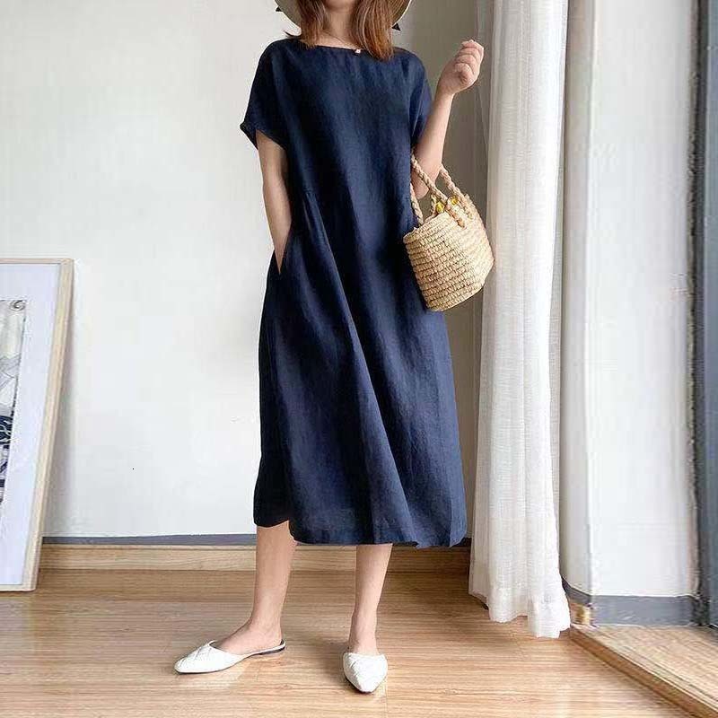 Casual Dresses Korean Fashion Women Short Sleeve Dresses Solid Simple M-4XL Retro Cotton and Linen Breathable Leisure Loose Mid-calf Vestidos 230321