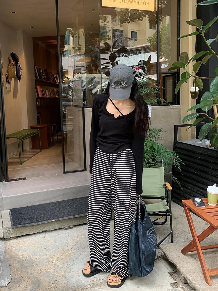 Women's Pants Capris 90% cotton Early spring texture striped straight-leg women's loose drape and slim all-match high waist wide-leg mopping