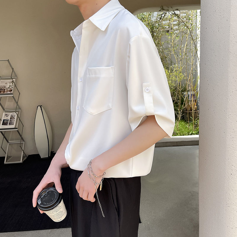 Men's Casual Shirts Short Sleeve Shirt Men Korean Fashion Half-sleeved Shirt Handsome Summer Lapel Solid Color Casual Ice Silk High Quality Top 2