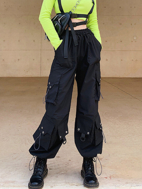 Women's Pants Capris QWEEK Gothic Cargo Pants Women Korean Fashion Spring Harajuku Streetwear Oversized High Waisted Loose Trousers Female Goth 2