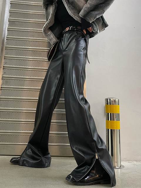Women's Pants Capris Lautaro Spring Autumn Cool Punk Black Soft Stretchy Faux Leather Floor Length Pants Streetwear Women High Waist Fashion 2303
