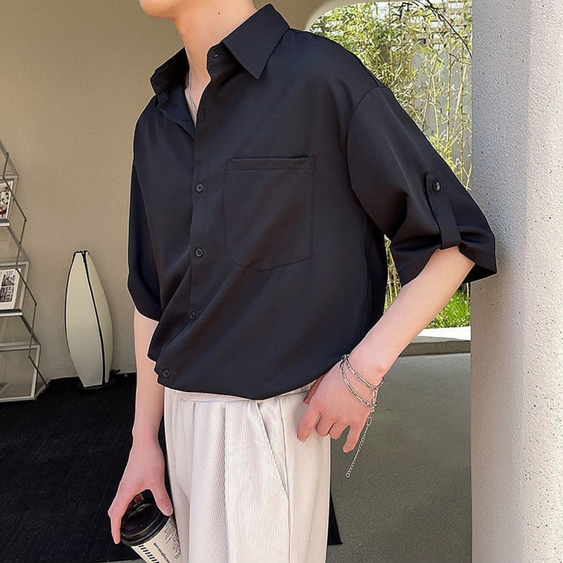 Men's Casual Shirts Short Sleeve Shirt Men Korean Fashion Half-sleeved Shirt Handsome Summer Lapel Solid Color Casual Ice Silk High Quality Top 2