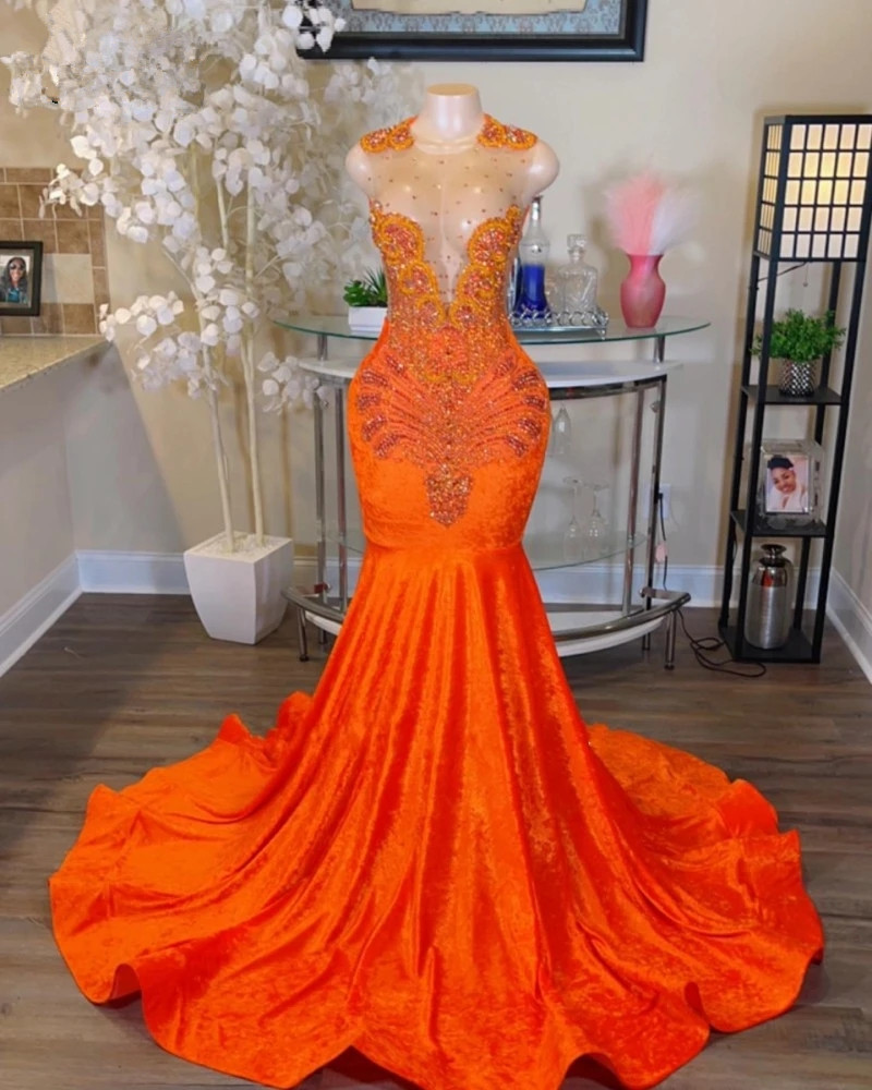 Glitter mermaid Orange Prom Dresses Black Girls 2023 Sequin Crystal African aso ebi Evening Party Gowns Velvet Robe De Bal