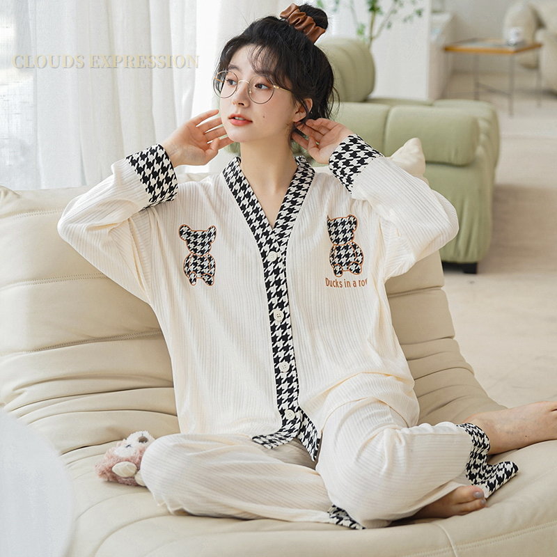 Women's Sleepwear Spring Autumn Polyester Cartoon Print Pajama Sets Women Pyjamas Polka Dots Sleepwear Pijama Mujer Homewear Clothing Nightwear 2