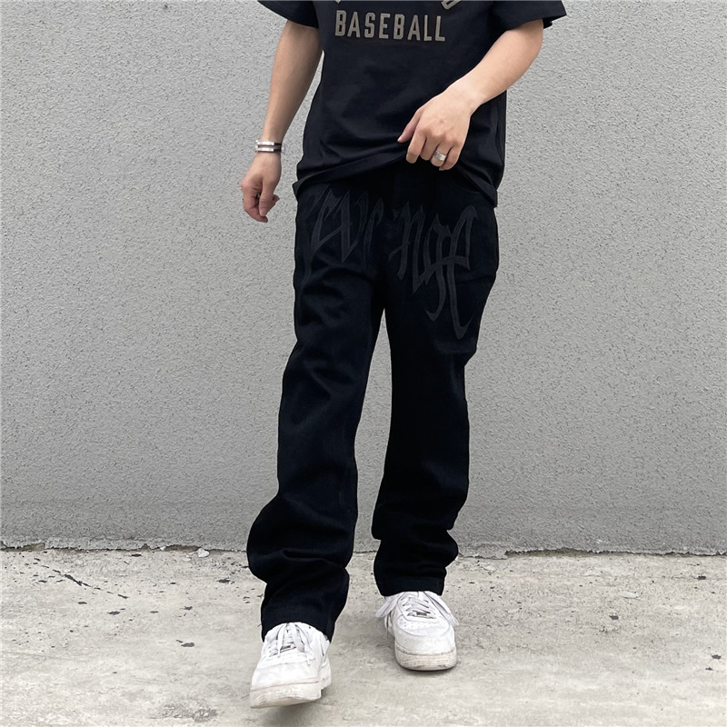 Men's Pants Y2K Emo Fashion Black Streetwear Embroidered Low Rise Baggy Jeans Trousers Straight Hip Hop Alt Denim Male Clothes 230320