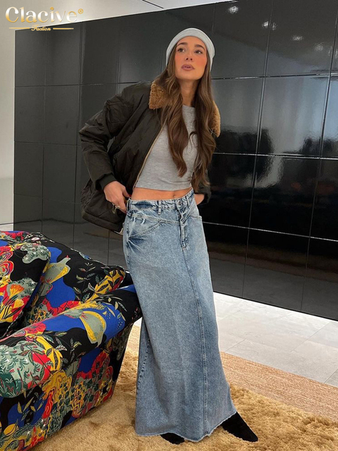 Skirts Clacive Vintage Loose Chic For Women Elegant High Waist Office Lady Long Fashion Blue Denim Female Clothing 230321