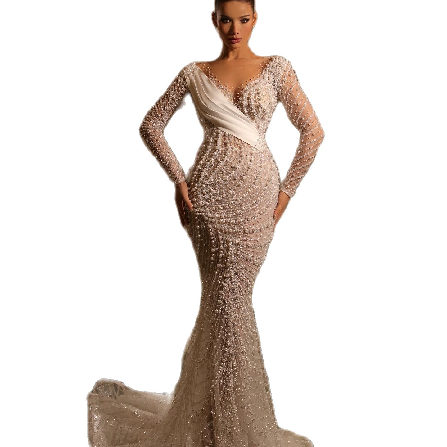 Modern Mermaid Wedding Dress Pearls Beading Sheer V Neck Bridal Gowns 2023 Luxury Beaded Bride Dresses With Detachable Train