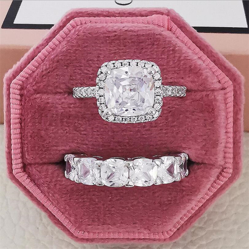 Ins Top Sell Wedding Rings Luxury Jewelry 925 Sterling Silver Cushion Shape Emerald 5A Cubic Zircon CZ Diamond Handmade Party Eternity Women Engagemen