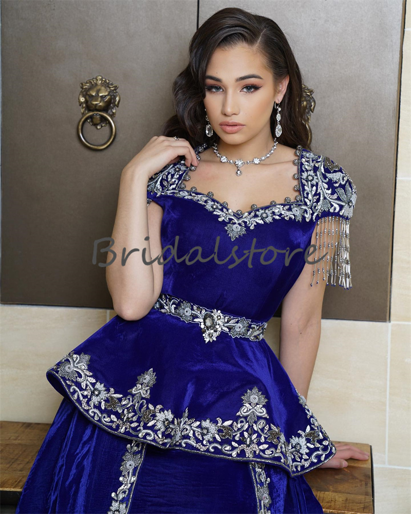 Karakou Algerien Blue Velvet Evening Dress With Overskirt Train Embroidery Short Sleeves Abaya Prom Gowns Formal Occasion Turkey Party Dubai Abaya Dre