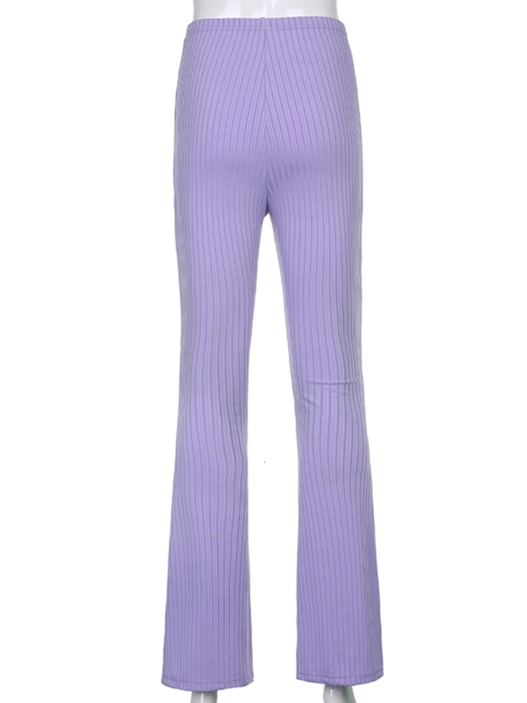 Women's Pants Capris Sweetown Purple Ribbed Joggers Women Knitted Flare Pants Slim High Waist Aesthetic Trousers Female Vintage 90s Sweatpants 23