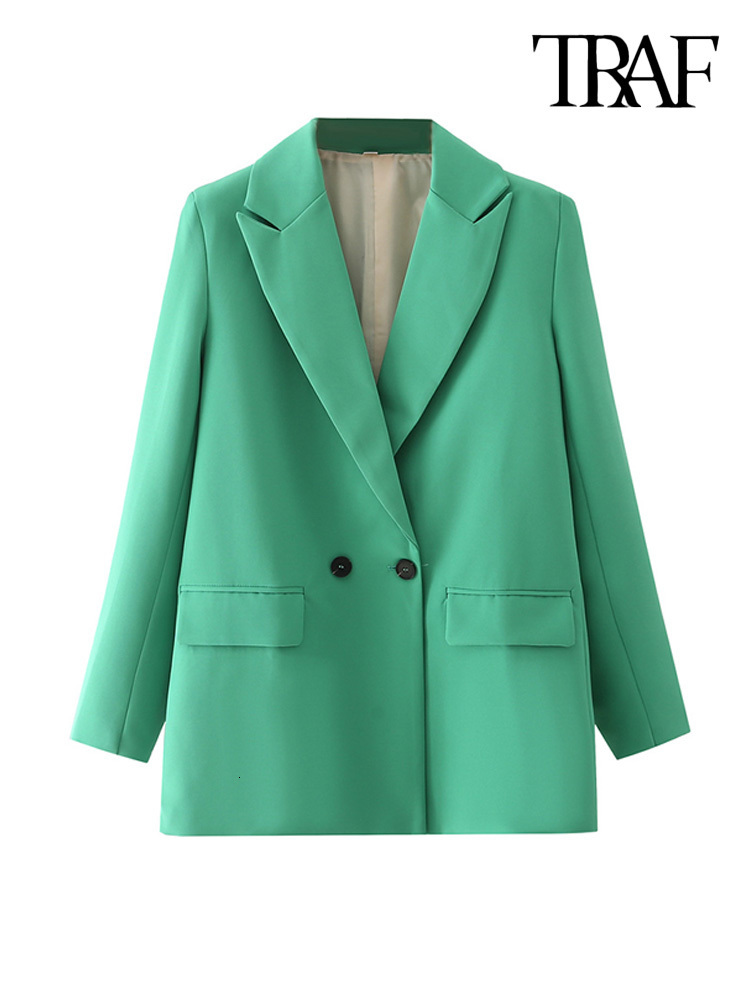 Women's Suits Blazers TRAF Women Chic Office Lady Double Breasted Blazer Vintage Coat Fashion Notched Collar Long Sleeve Ladies Outerwear Stylish