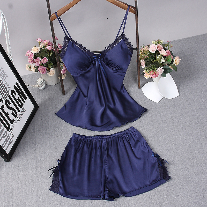 Women's Sleepwear Sexy Summer Womens 2PC Robe Bath Gown Strap Top Pants Pajamas Sets Sleepwear Lady Home Wear Nightgown Suit Sleepshirts M-XXL 23
