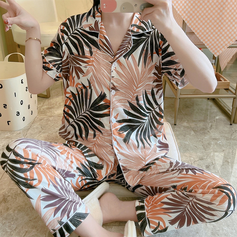 Women's Sleepwear Sale Women Home Wear Spring Summer Short Sleeved Women Pajamas Set Long Pant Pyjamas Sets Cotton Leisure Sleepwear Set 230321