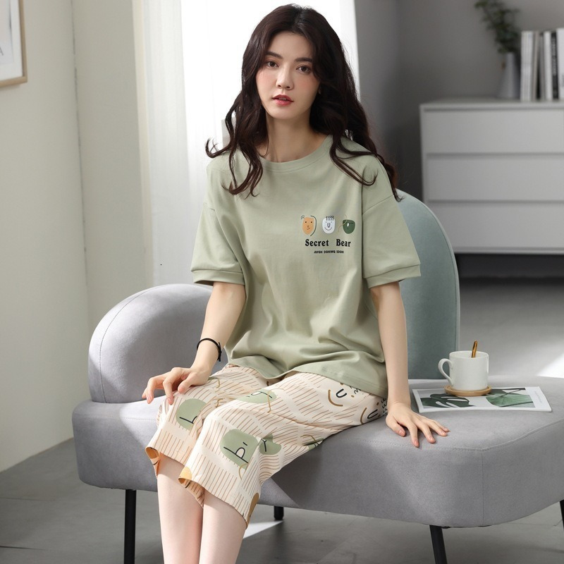 Women's Sleepwear Large Size Pajamas Ladies Summer Short Sleeve Thin Cartoon Round Neck Cotton Homewear Suit 230321
