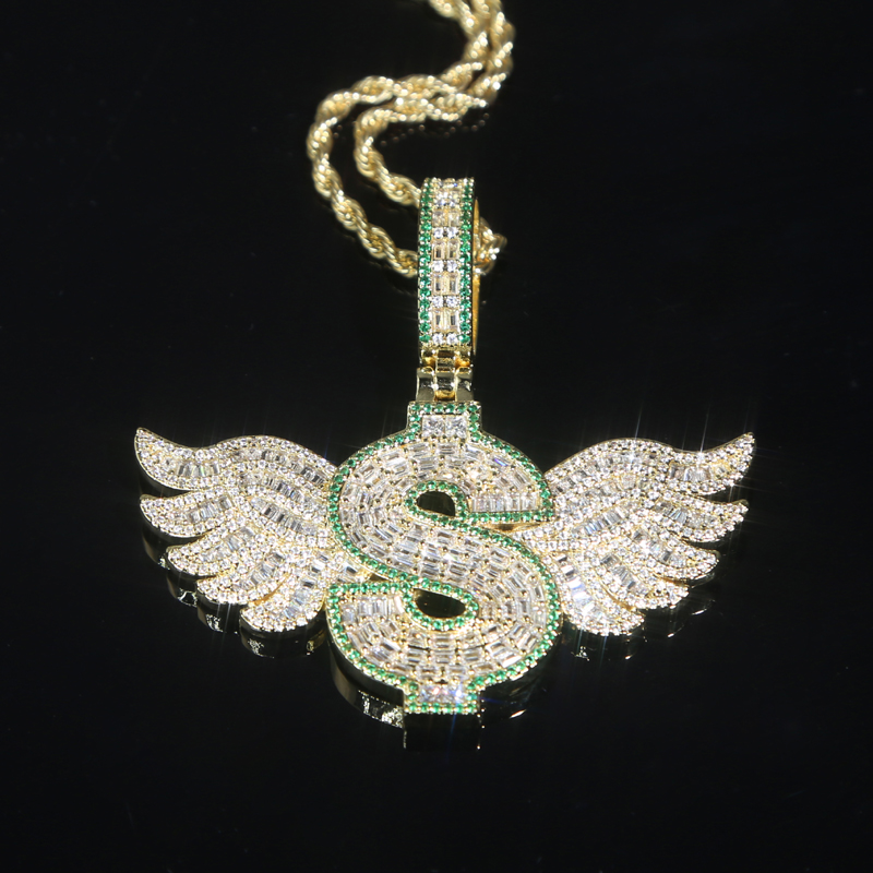 New Iced Out Bling Letter Dollar Symbol Pendant Necklace Gold Plated CZ Cubic Zirconia Wings Charm Men Women Hip Hop Jewelry