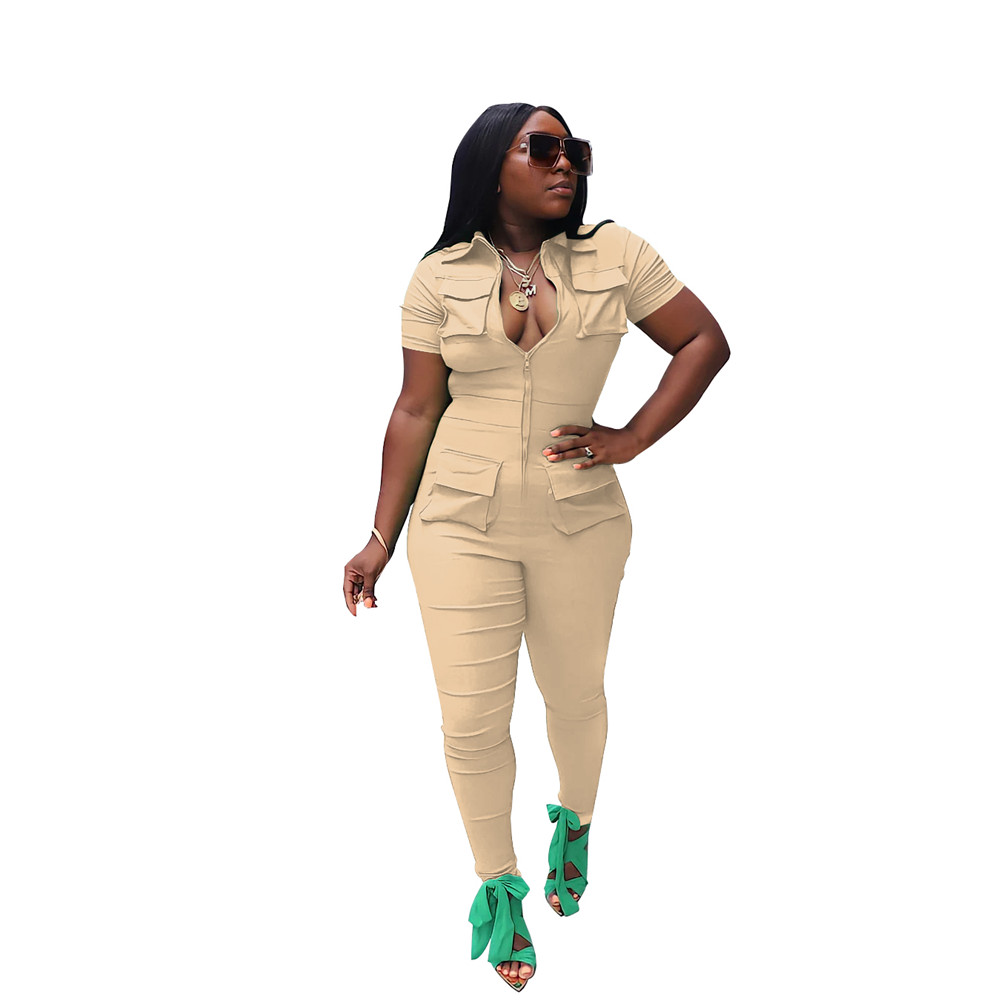 Women Designer Summer Jumpsuits Short Sleeve Rompers Solid Zipper Turn-down Collar Bodycon Jumpers One Piece Overalls Cargo Pants Clothes