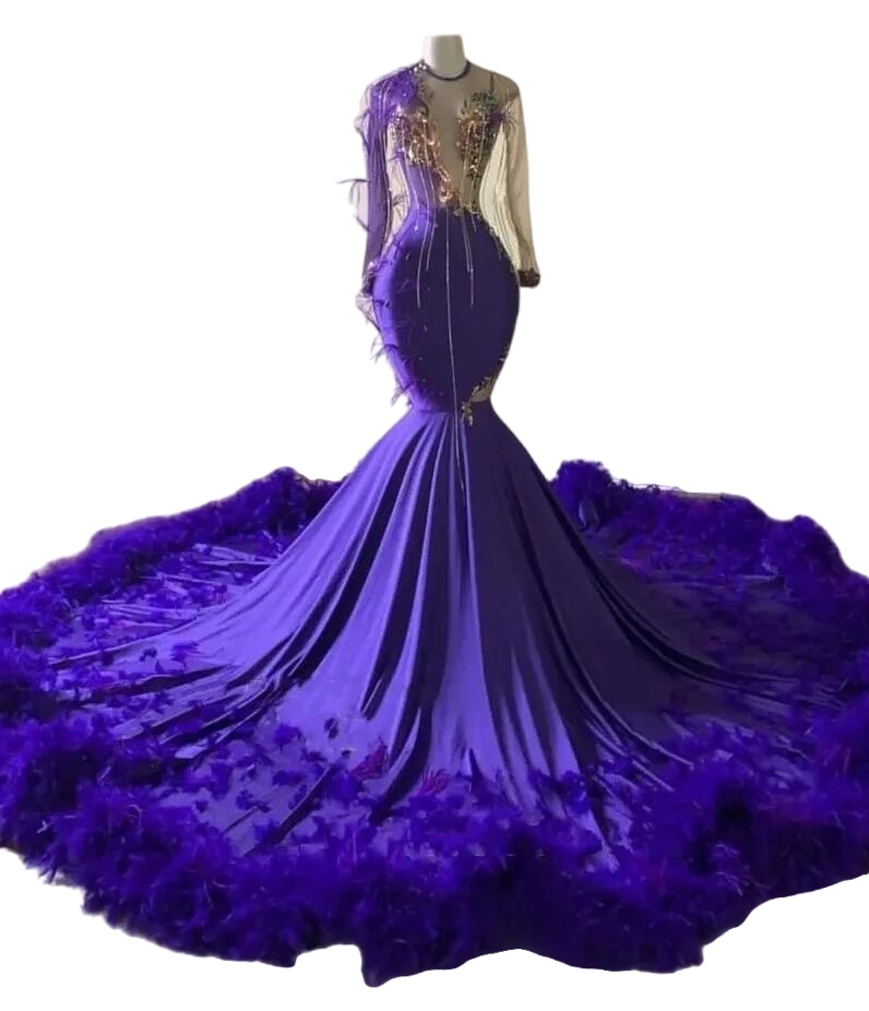 Purple Feathers Mermaid Prom Dresses Long Sleeve Sequin Applique Tassel Party Gowns Graduation Dress For Black Girls