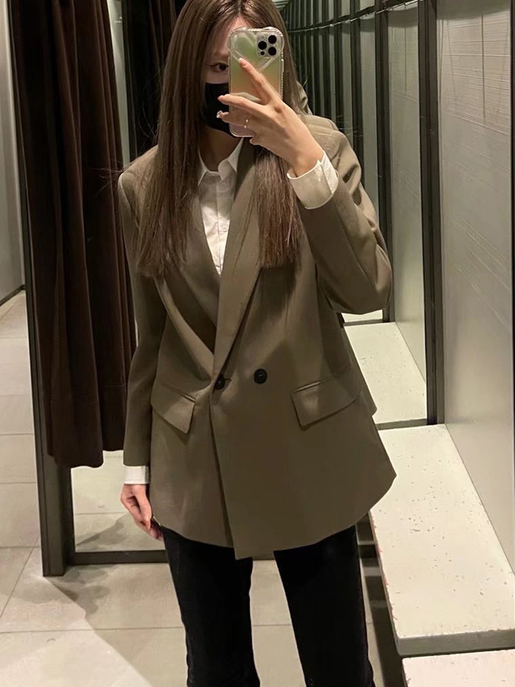 Women's Suits Blazer Fashion Double Breasted Plus Size Coat Vintage Long Sleeve Pockets Female Outerwear Chic 230321