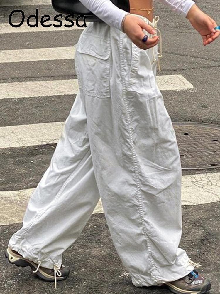 Women's Pants Capris Odessa Chic Oversized Cargo Pants Women 90s Streetwear Hip Hop Style Baggy Adjustable Waist Drawstring Y2K Female Long Pant 