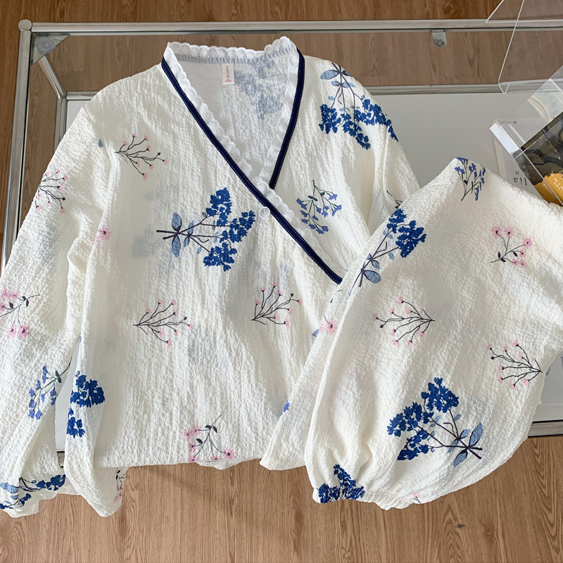 Women's Sleepwear Women Cotton Gauze Kimono Pajamas Set Long Sleeve Pant Soft Home Clothes Printing Soft Sleepwear Loungewear Women's Set Py