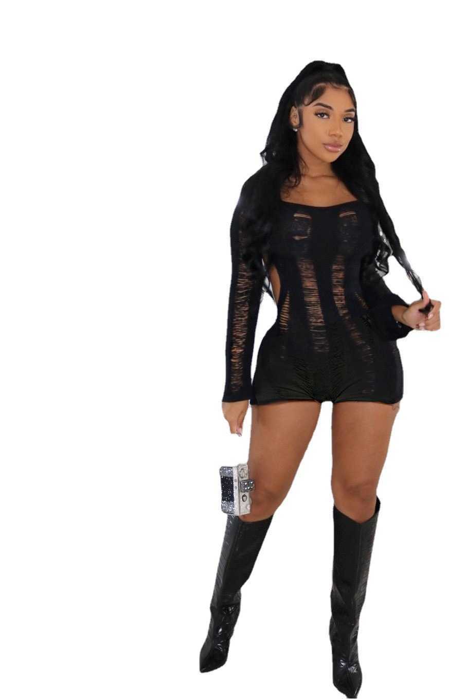 2023 Womens jumpsuits amp rompers New Sexy One-shoulder Hollow Hole Open Back Knitted Wrapped Hip Slim Bodysuit