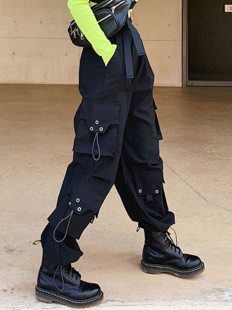 Women's Pants Capris QWEEK Gothic Cargo Pants Women Korean Fashion Spring Harajuku Streetwear Oversized High Waisted Loose Trousers Female Goth 2