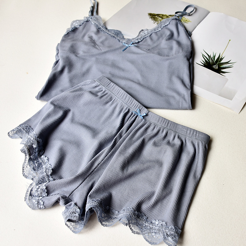 Women's Sleepwear Two Piece Cotton Pajamas Set for Women Sexy Lace Top And Shorts Nightwear Spaghetti Strap Sleepwear High Elastic Womans Clothes