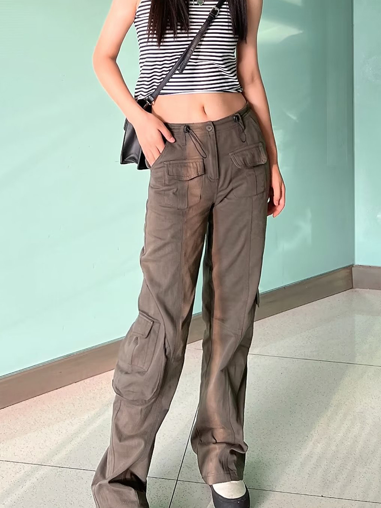 Women's Pants Capris PUWD Casual Women Green High Waist Straight Pants Summer Fashion Ladies Overall Female Pocket Polyester Pants 230321