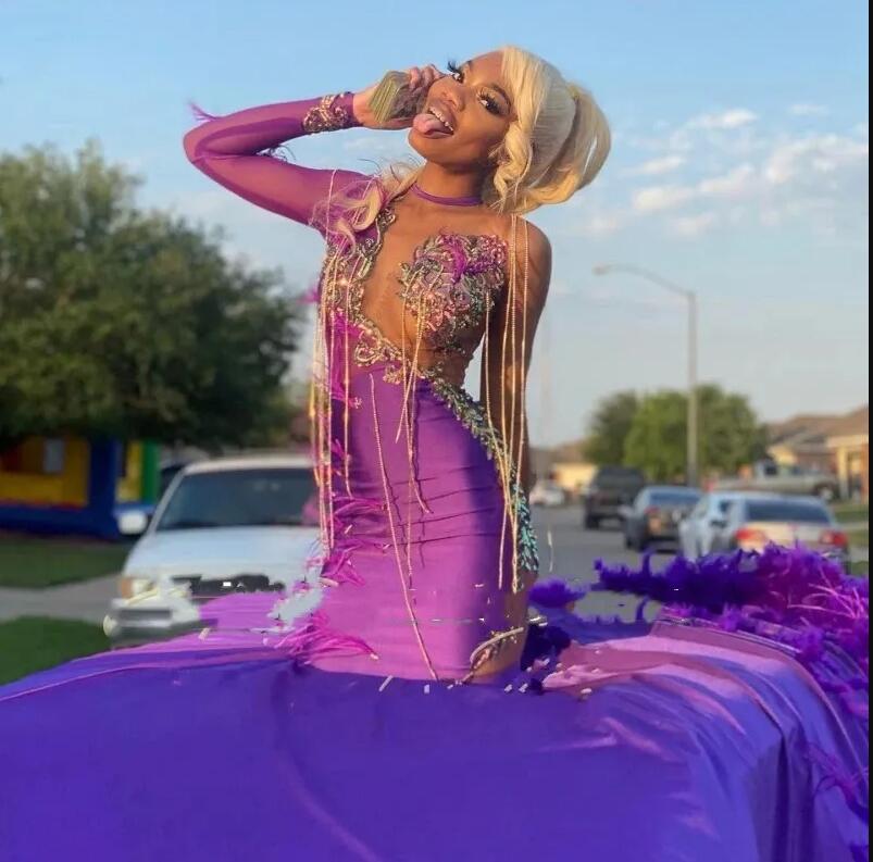 Purple Feathers Mermaid Prom Dresses Long Sleeve Sequin Applique Tassel Party Gowns Graduation Dress For Black Girls