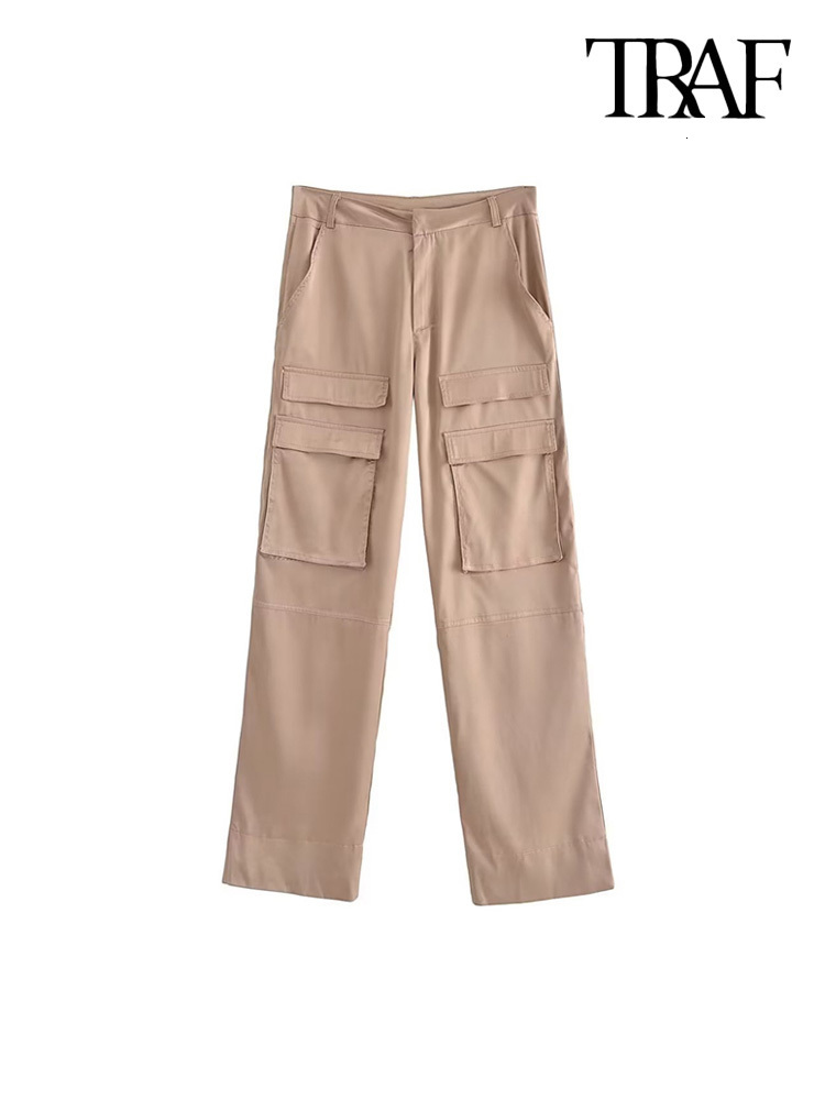 Women's Pants Capris TRAF Women Fashion With Pockets Satin Cargo Pants Vintage High Waist Zipper Fly Female Trousers Mujer 230321