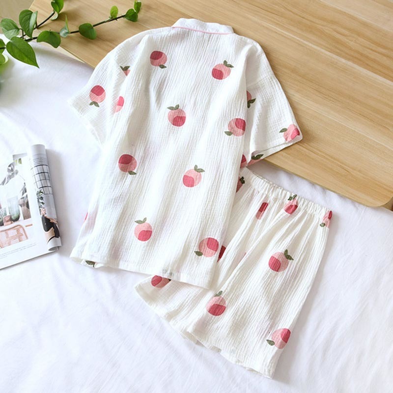 Women's Sleepwear Cartoon Peach Print Girls Fresh Style Short SleeveShorts 2Pcs Kimono Style Household Pajamas Set Comfort Gauze Cotton Sleepwer 
