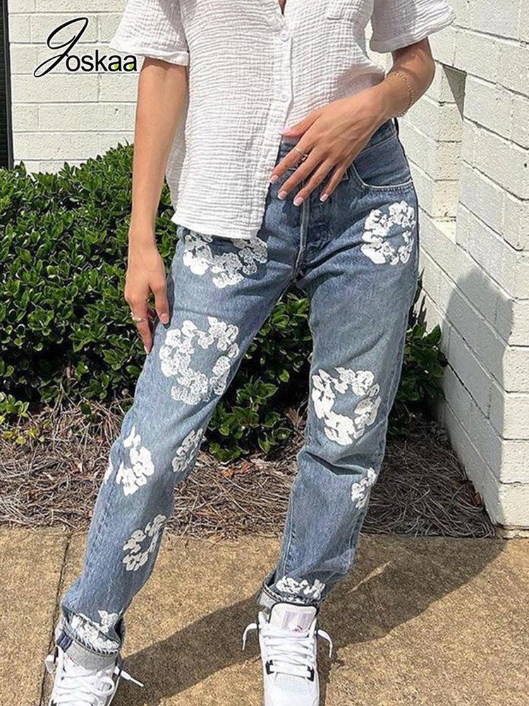 Women's Jeans Joskaa Flower Print Blue For Women Clothing Autumn 2023 Casual High Waist Straight Denim Pants Female Bottoms Streetwear