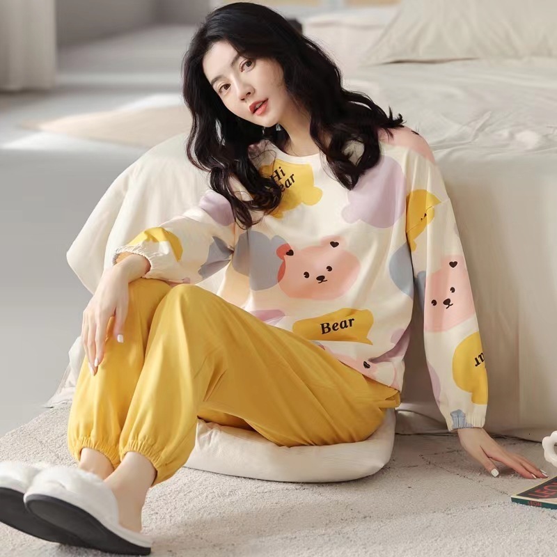 Women's Sleepwear Pajamas Ladies Spring Autumn Long Sleeve Polyester Cotton Women's Autumn and Winter Large Size Casual Autumn Homewear Set 