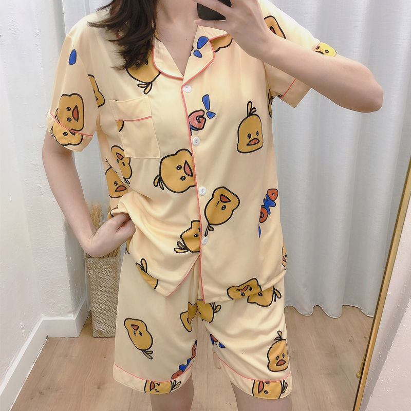 Women's Sleepwear Pajamas for Women Short Sleeve Sleepwear Loungewear Satin Pyjamas Cartoon Summer Home Wear Ladies Silk Nightwear Set 230321