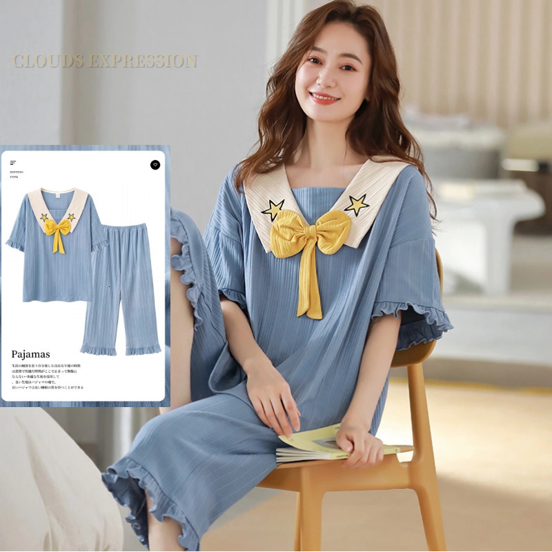 Women's Sleepwear Summer Knitted Cotton Clouds Printing Two Piece Short Sleeved Women Pajamas Sets Pyjamas Ladies Sleepwear Cute Cartoon Pijamas 