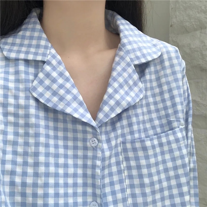 Women's Sleepwear CAIYIER Cute Grid Girls Pajamas Set Korean Autumn Winter Long Sleeve Leisure Sleepwear Women Loose Nightwear Homewear Suit 2303